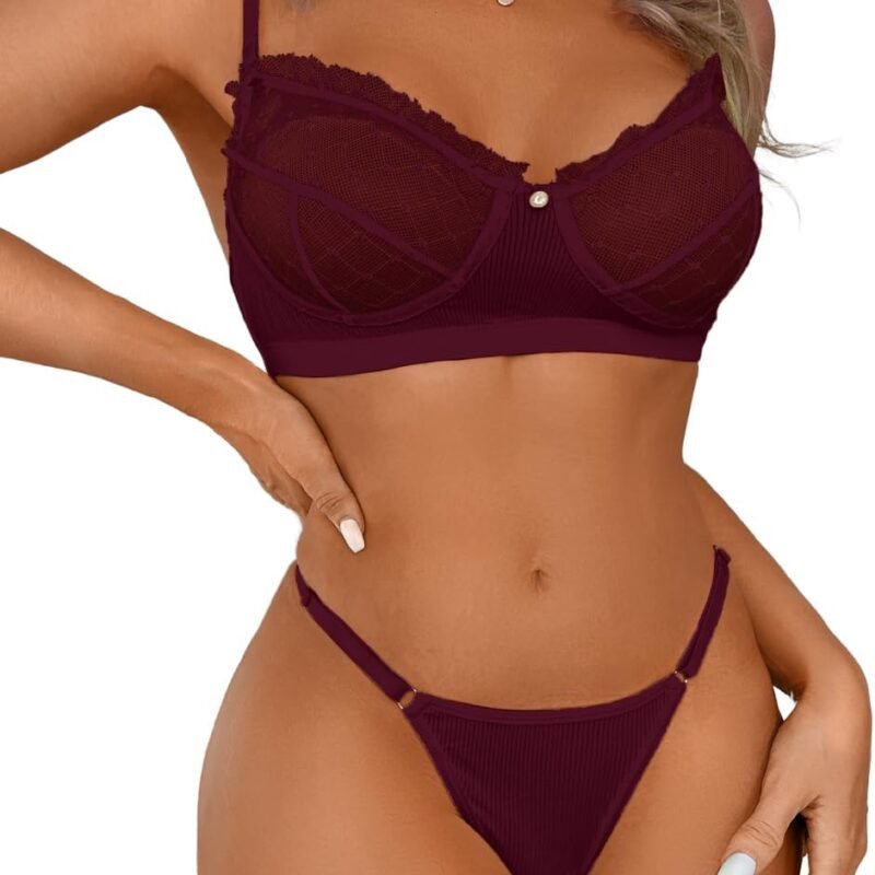 Kaei&Shi Sexy Lingerie for Women,Ruffle 2 Piece Lace Lingerie Set,Sheer Bra and Panty Sets Valentine