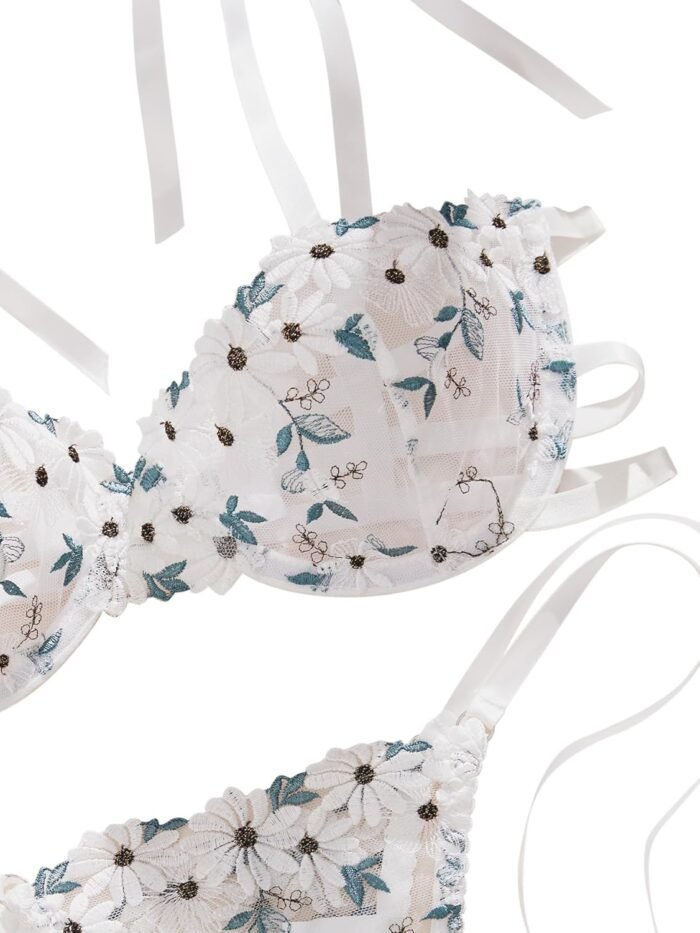 Lilosy Sexy Tie Side Embroidered Underwire Push Up Cute Strappy Mesh Sheer Bachelorette Lingerie Set - Image 3