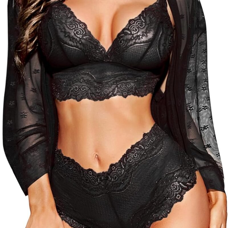 RSLOVE Women Sexy Lingerie Set 3 Piece Lace Kimono Robe with Bra and Panty Sheer Sleepwear