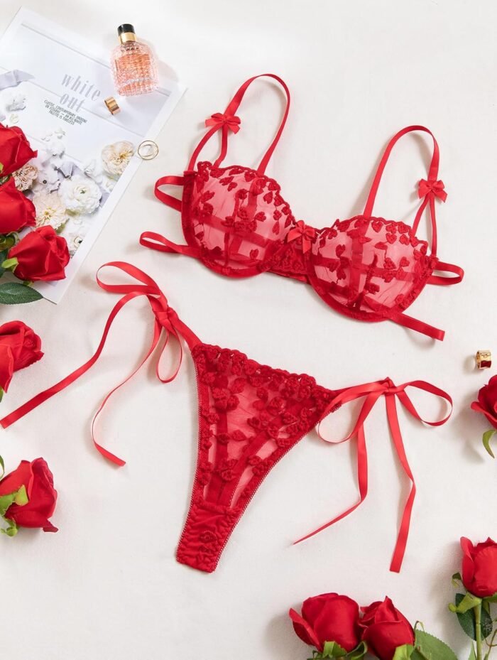 Lilosy Sexy Tie Side Cute Underwire Push Up Strappy Embroidered Mesh Sheer Lingerie Set - Image 6