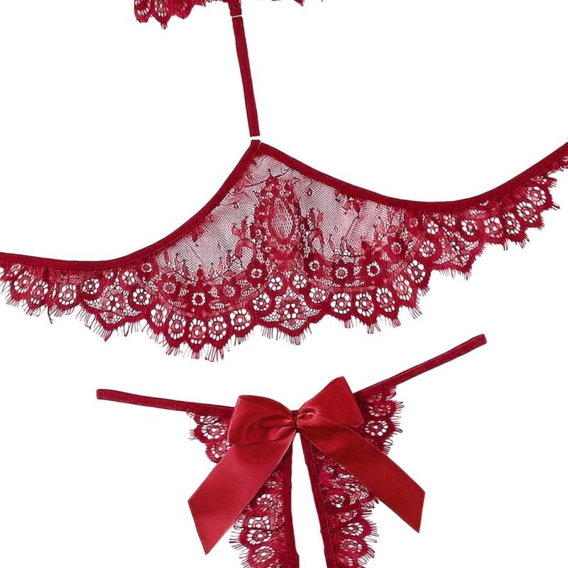 Lilosy Sexy Bow Choker Halter Floral Lace Sheer Lingerie Set for Women See Through Bra and Panty 2 Piece