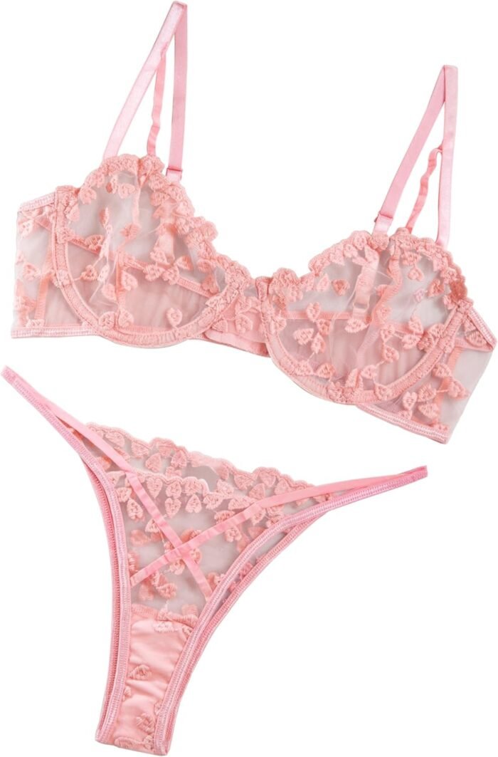Lilosy Sexy Underwire Cute Push Up Strappy Embroidered Mesh Sheer Lingerie Set See Through Panty Bra - Image 2