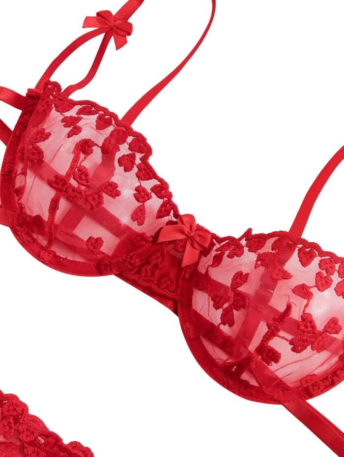 Lilosy Sexy Tie Side Cute Underwire Push Up Strappy Embroidered Mesh Sheer Lingerie Set - Image 3