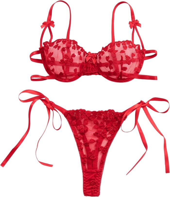 Lilosy Sexy Tie Side Cute Underwire Push Up Strappy Embroidered Mesh Sheer Lingerie Set