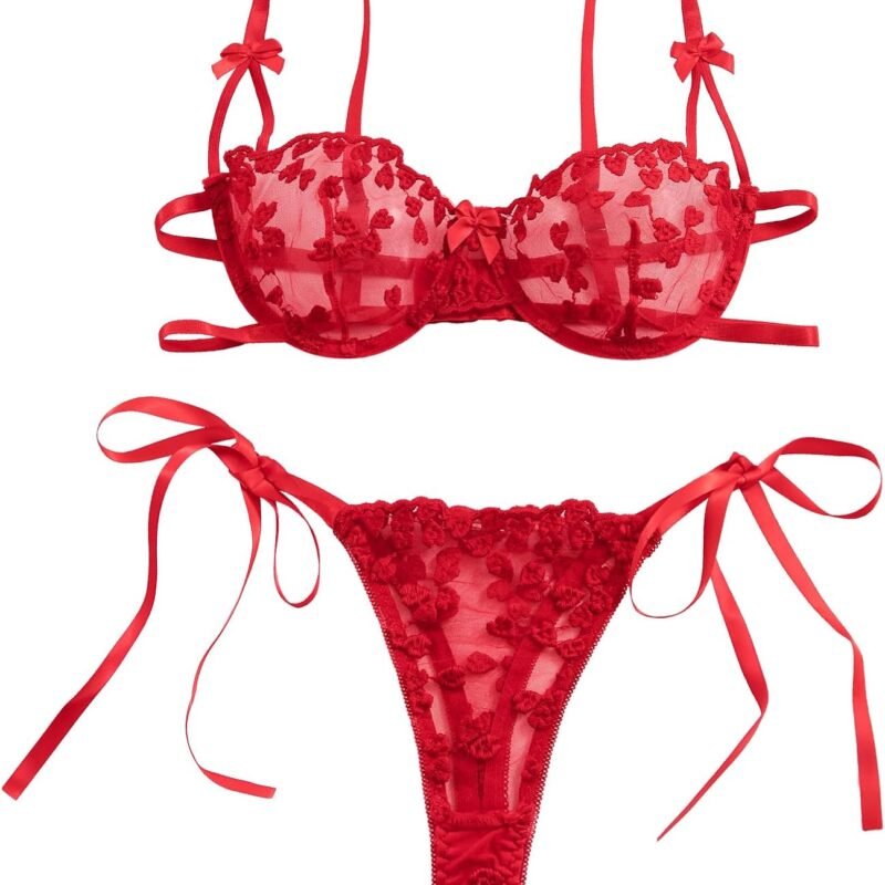 Lilosy Sexy Tie Side Cute Underwire Push Up Strappy Embroidered Mesh Sheer Lingerie Set