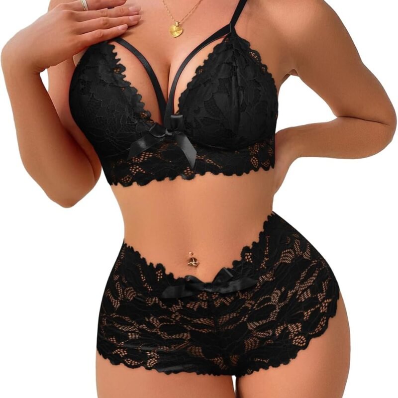 Lilosy Sexy Strappy High Waist Floral Lace Pajamas Lingerie Set Outfits