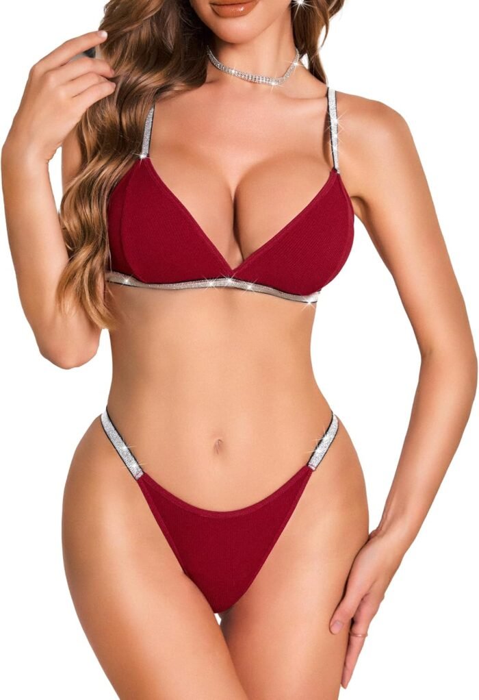 RSLOVE Lingerie Set for Women Sexy - V Neck 2 Piece Push Up Bra and Panty Sets Women's Garter Belt Bodysuit Shiny Outfits