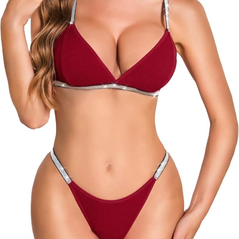 RSLOVE Lingerie Set for Women Sexy - V Neck 2 Piece Push Up Bra and Panty Sets Women's Garter Belt Bodysuit Shiny Outfits