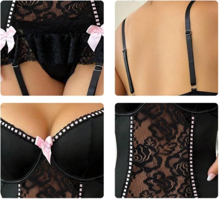 Corset Lingerie For Women Corset Lingerie Bodysuit With Garter For Women Sexy Rave Outfits Pink Bow Lace Up Naughty - Image 2