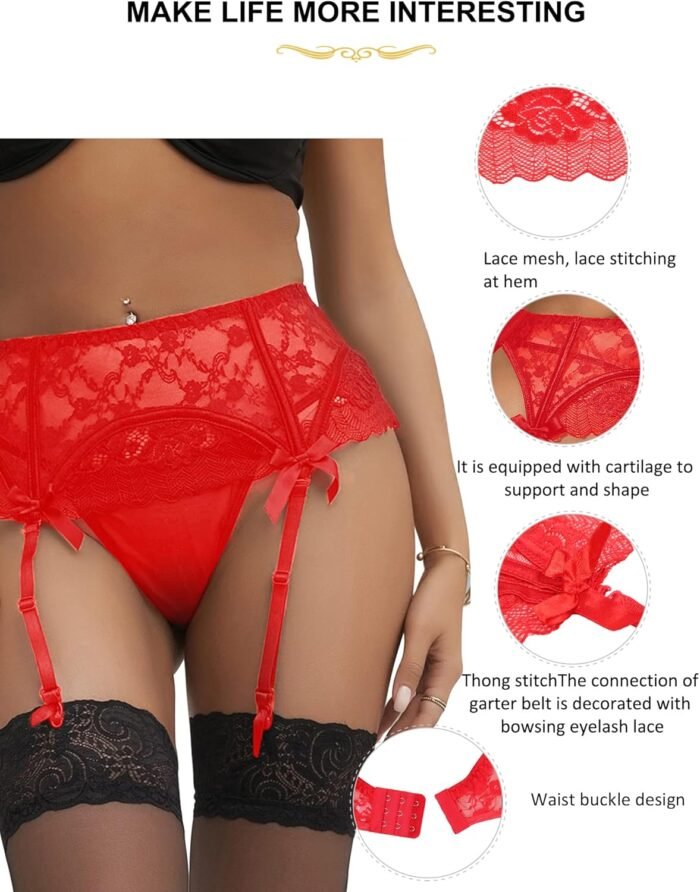 comeondear Eyelash Lace Garter Belts with G-String for Thigh Highs Plus Size Black Garter Lingerie for Women - Image 5