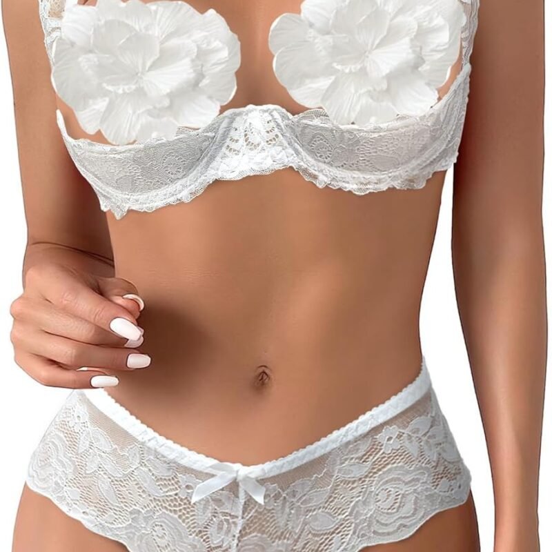 Lilosy Women Sexy White Floral Lace Sheer Lingerie Set Underwire See Through Bra and Panty