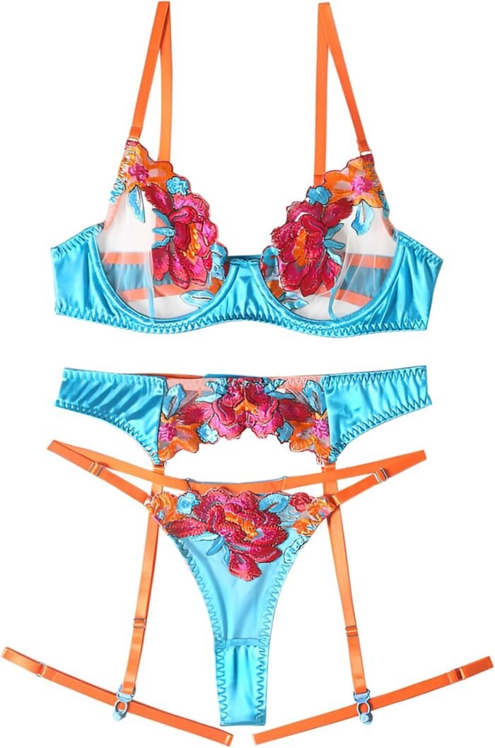 Lilosy Sexy Leaf Floral Embroidered Mesh Sheer Women Underwire Push Up Lingerie Set