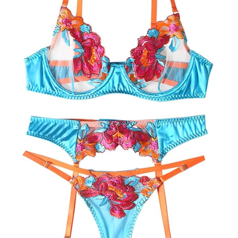 Lilosy Sexy Leaf Floral Embroidered Mesh Sheer Women Underwire Push Up Lingerie Set