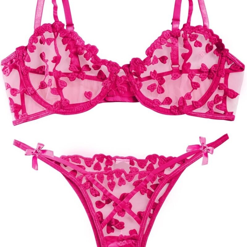 Lilosy Sexy Underwire Cute Push Up Strappy Embroidered Mesh Sheer Lingerie Set See Through Panty Bra