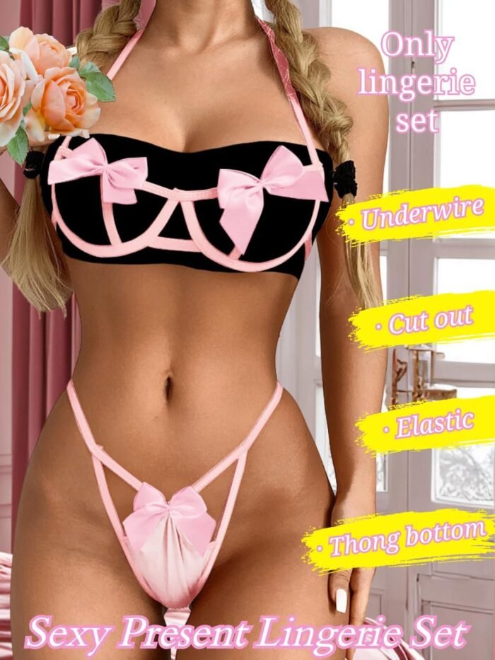 Kaei&Shi Present Bow Lingerie,Christmas Holiday Bra And Panty Set,Sexy Valentines Lingerie Sets Birthday Anniversary Boudoir - Image 2