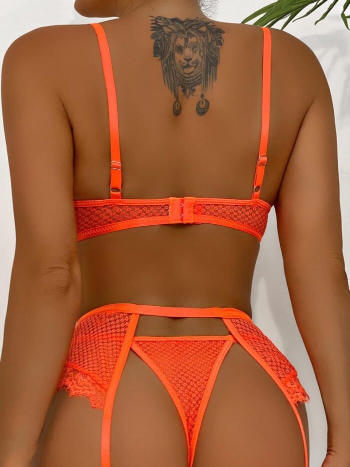 Aranmei Women’s Sexy Eyelash Fishnet Lingerie Set Chain Babydoll Underwire Bra and Panty Sets with Garter Belt 4 Pieces - Image 4