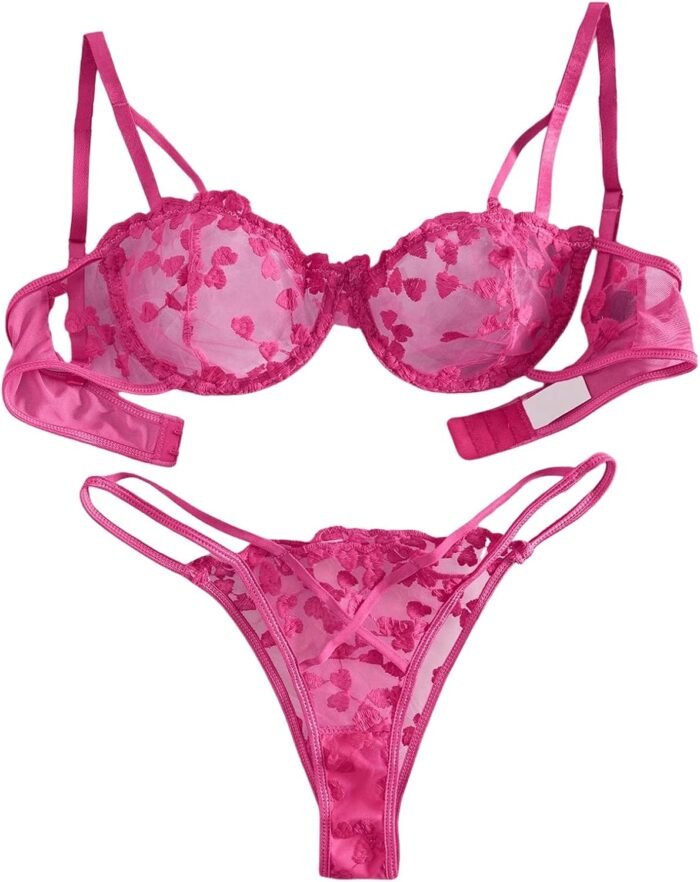 GORGLITTER Women's Bow Bra Sexy Lingerie Set Mesh Push Up Bralette and Panty 2 Piece