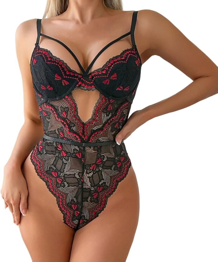Women Christmas Lingeries Santa Strappy Deep V Teddy Lingerie Sexy Lace Bodysuit Cut Out One Piece Mini Babydoll