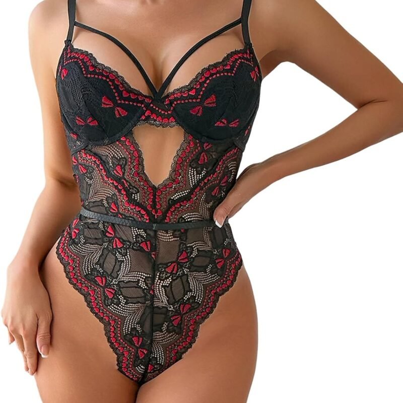 Women Christmas Lingeries Santa Strappy Deep V Teddy Lingerie Sexy Lace Bodysuit Cut Out One Piece Mini Babydoll