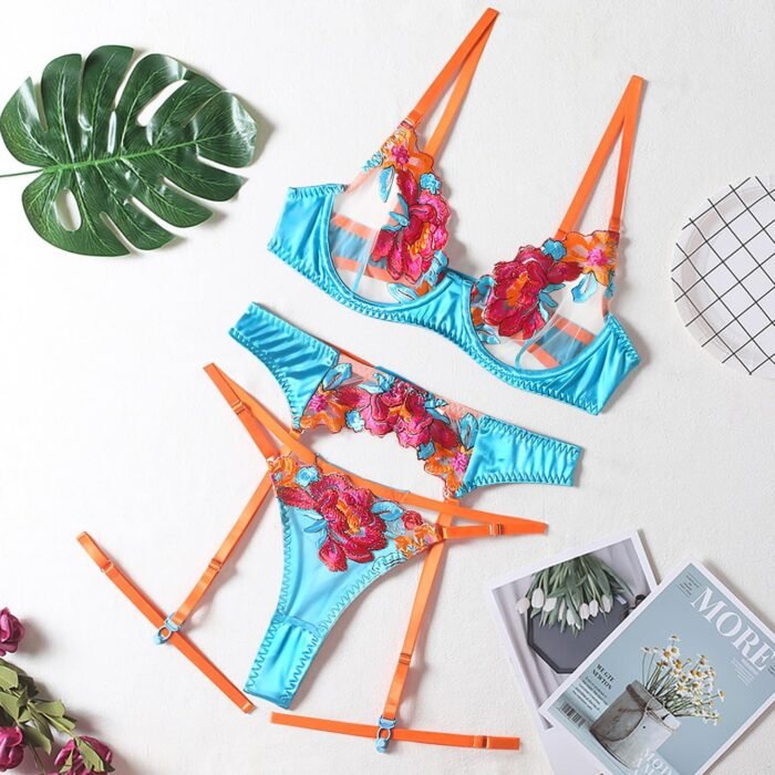 Lilosy Sexy Leaf Floral Embroidered Mesh Sheer Women Underwire Push Up Lingerie Set - Image 4