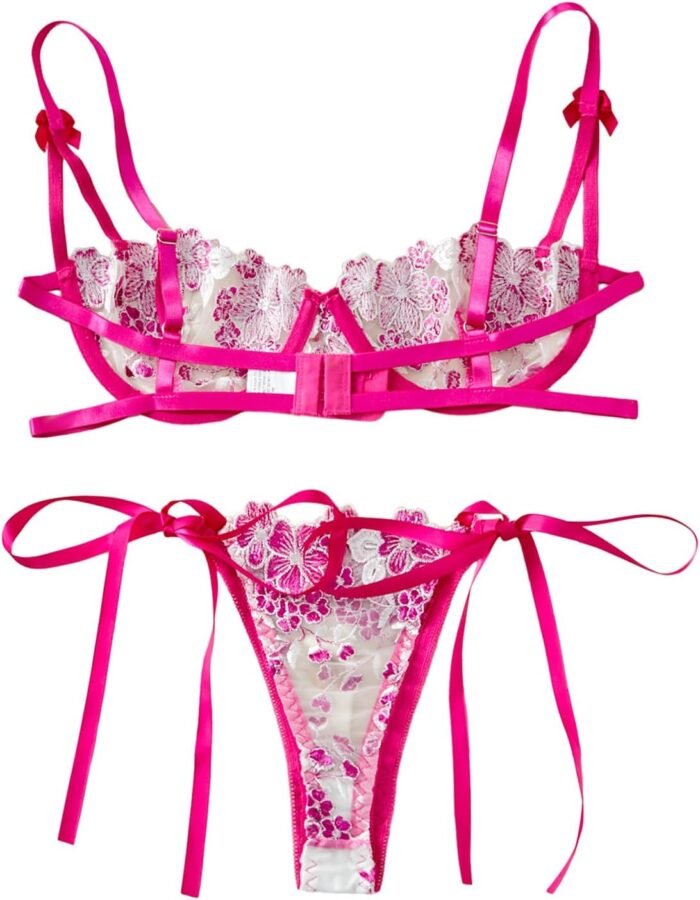 Lilosy Sexy Tie Side Cute Underwire Push Up Strappy Embroidered Mesh Sheer Lingerie Set - Image 2