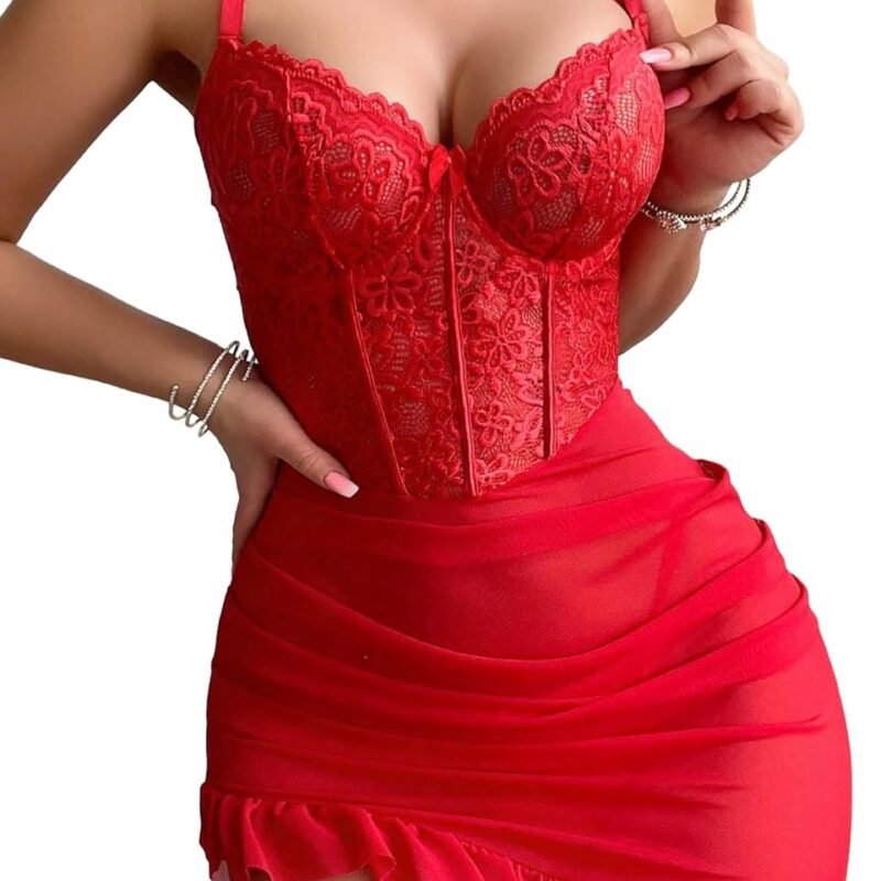 Sexy Corset Bodycon Ruffle Sheer Underwire Mesh Lace Floral Outfits Babydoll Lingerie Set Dress with Thong 2 Piece