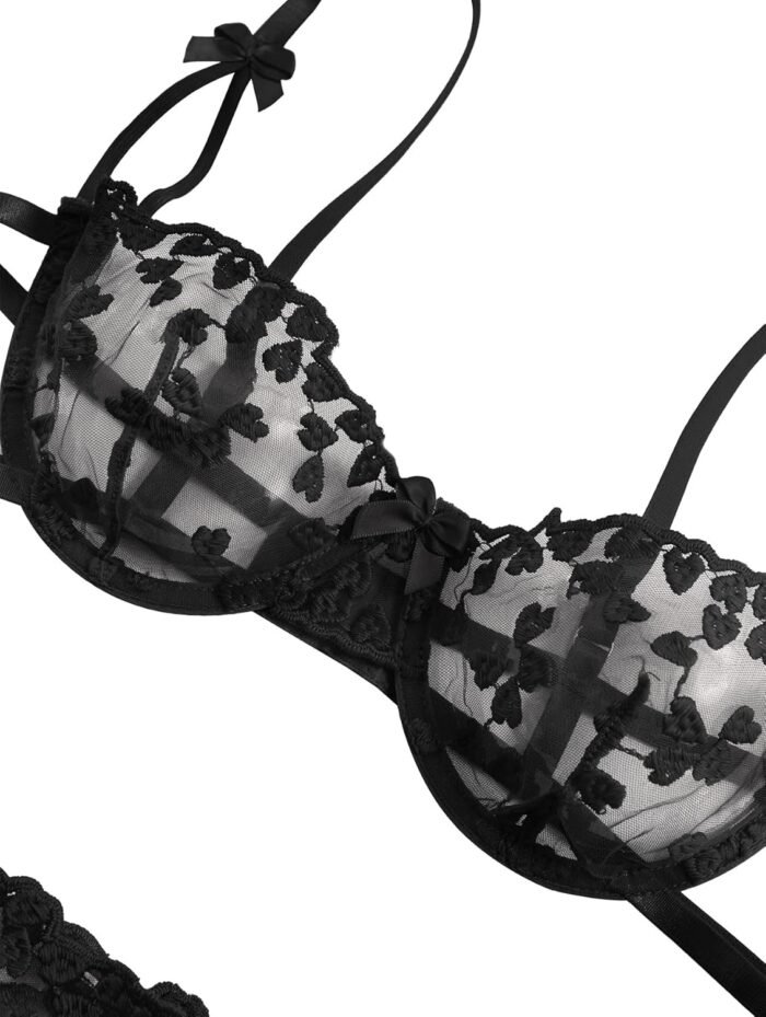 Lilosy Sexy Tie Side Cute Underwire Push Up Strappy Embroidered Mesh Sheer Lingerie Set - Image 3