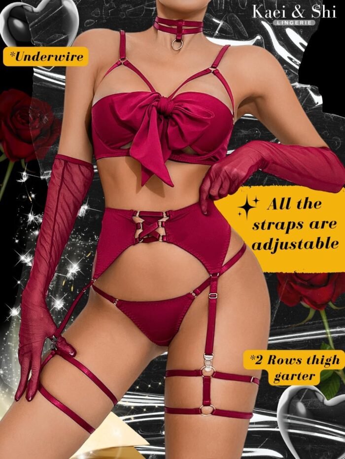 Kaei&Shi Sexy Bow Lingerie for Women,Unwrap Present Bra And Panty Set,Strappy Garter Lingeries Xmas Valentines Birthday Gift - Image 4