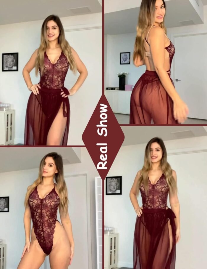 Avidlove Women One Piece Lingerie Deep V Lace Bodysuit Mosaic Lace Teddy Mesh Skirt - Image 2