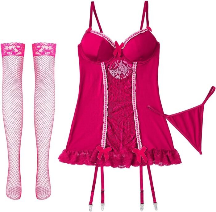 Lilosy Sexy Stocking Garter Belt Bows Floral Lace Babydoll Corset Push Up Teddy Lingerie Set with Panty - Image 5