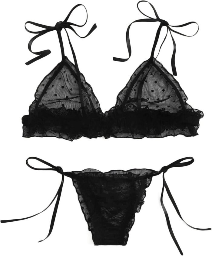 Women's Exotic Lingerie Sets Tie Strappy Adjustable Bra and Panty Set Sexy Bow G-String Wristband Teddy Babydoll