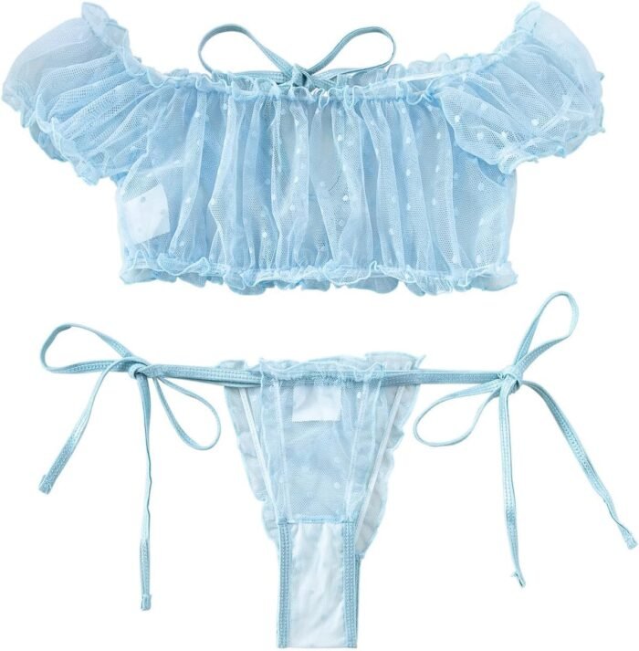Lilosy Sexy Stretch Ruffle Tie Sheer Mesh Lingerie Set Outfits - Image 2