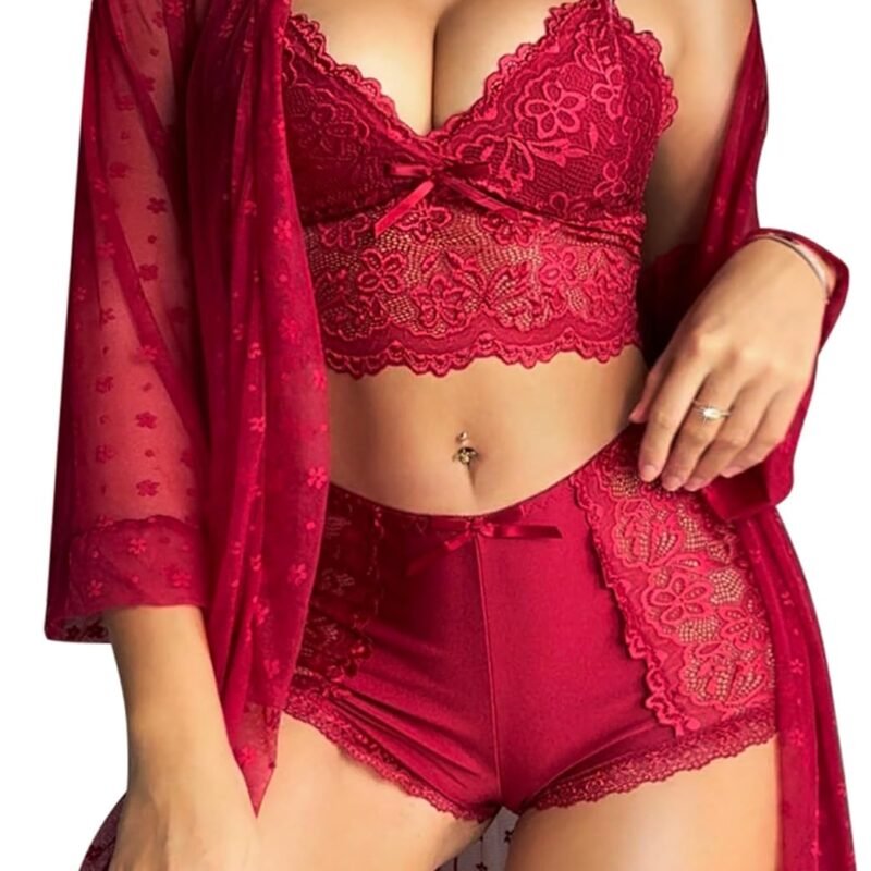 RSLOVE Women Sexy Lingerie Set - 3 Piece Lace Bra and Panty Sets with Mesh Kimono Robe Nightgown Sleepwear