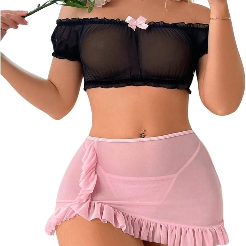 SOLY HUX Sexy Lingerie Set for Women Sheer Mesh Off Shoulder Bra Panty Ruffle Skirts 3 Piece Sets