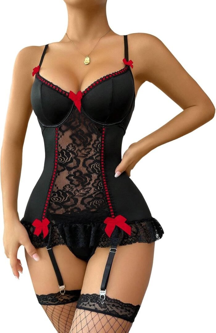 Lilosy Sexy Stocking Garter Belt Bows Floral Lace Babydoll Corset Push Up Teddy Lingerie Set with Panty