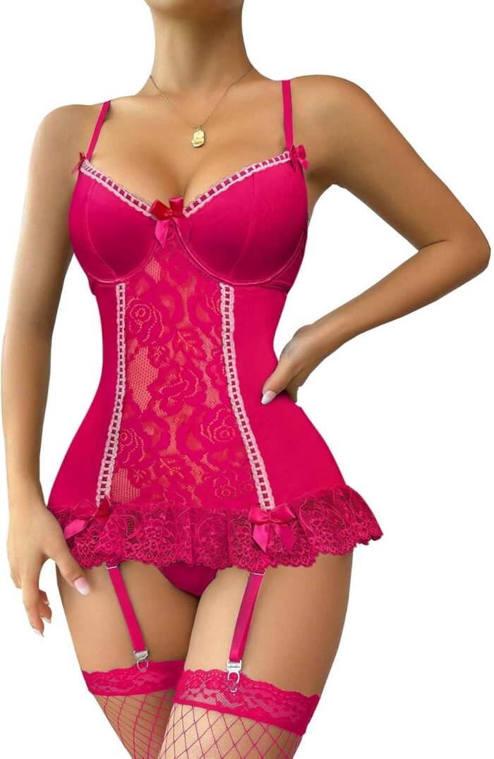 Lilosy Sexy Stocking Garter Belt Bows Floral Lace Babydoll Corset Push Up Teddy Lingerie Set with Panty