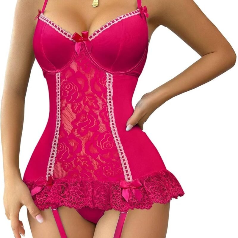 Lilosy Sexy Stocking Garter Belt Bows Floral Lace Babydoll Corset Push Up Teddy Lingerie Set with Panty