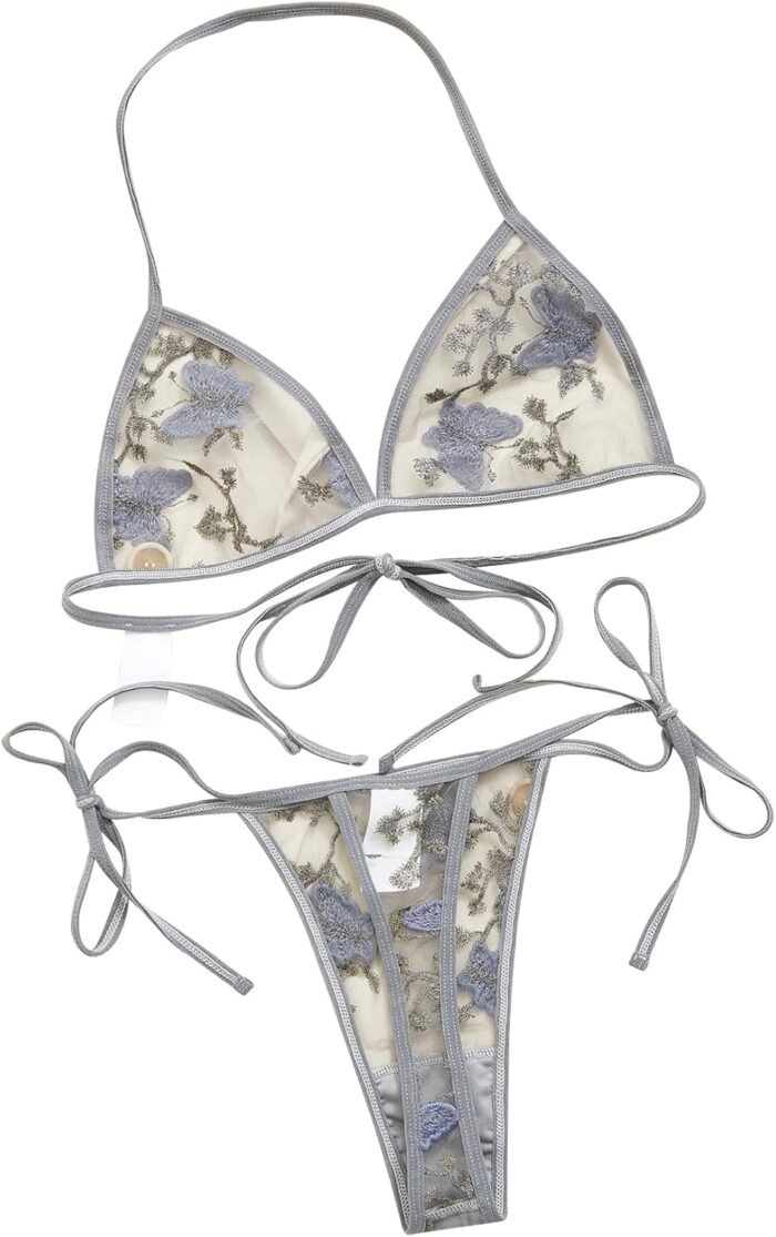 Sexy Lingerie For Women Embroidered Mesh Sheer Non Padded Bra & V-Strings Womens Lingerie Set Underwear - Image 2