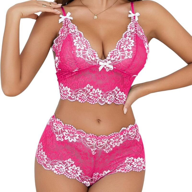 Lilosy Sexy Women Lace Pajamas Lingerie Set High Waist Sheer Sleepwear Bow Ties Cami Shorts Bra and Panty
