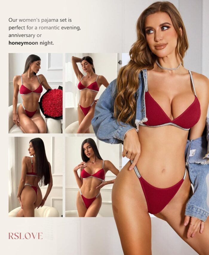 RSLOVE Lingerie Set for Women Sexy - V Neck 2 Piece Push Up Bra and Panty Sets Women's Garter Belt Bodysuit Shiny Outfits - Image 4