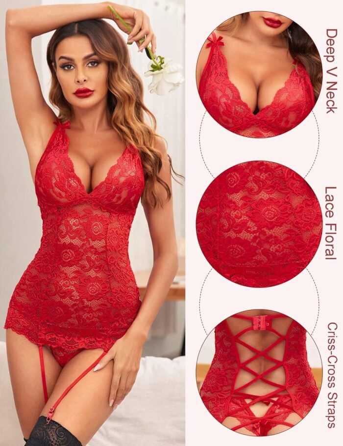 Avidlove Sexy Lingerie Sets for Women Mesh Chemise Lace Babydoll with Garter Mini Teddy Bodysuit (No Stocking) - Image 2