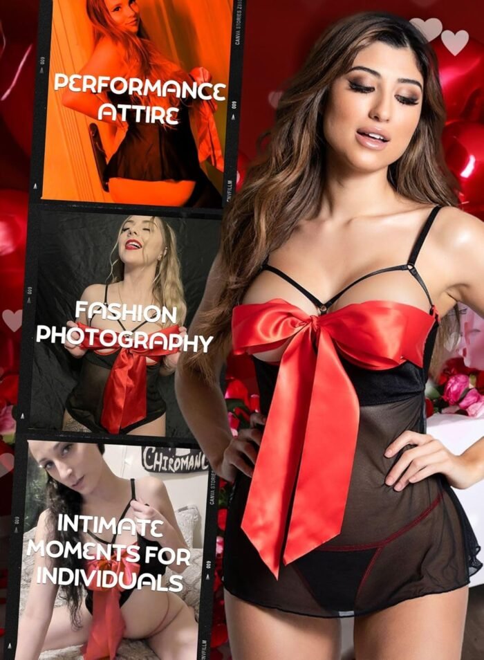 EVELUST Womens Unwrap Me Babydoll, Sexy Open See Through Mesh Lace Outfit Red Bow Christmas Day Gift for Him Lingerie Set - Image 5
