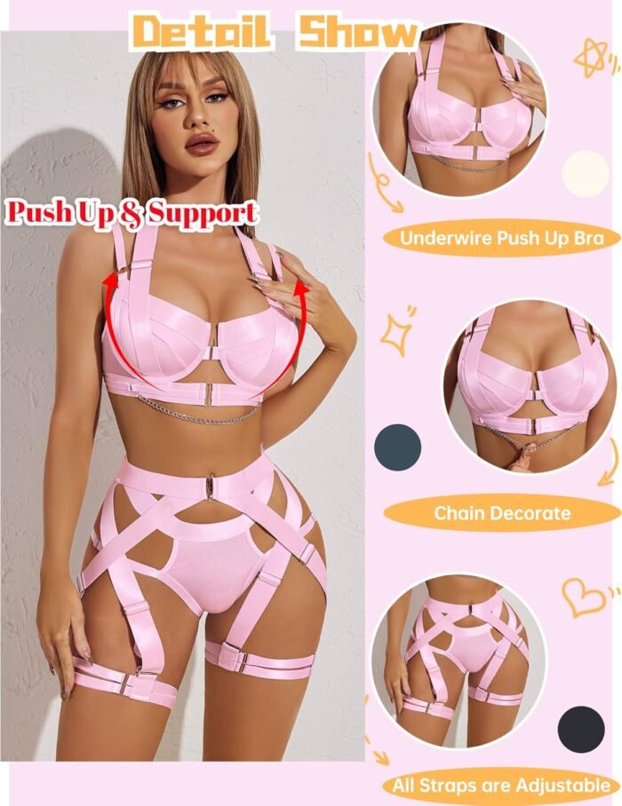 Avidlove Lingerie Set for Women Sexy Strappy Lingerie Underwire Push Up Bra Garter Set Lingerie with Chain - Image 2