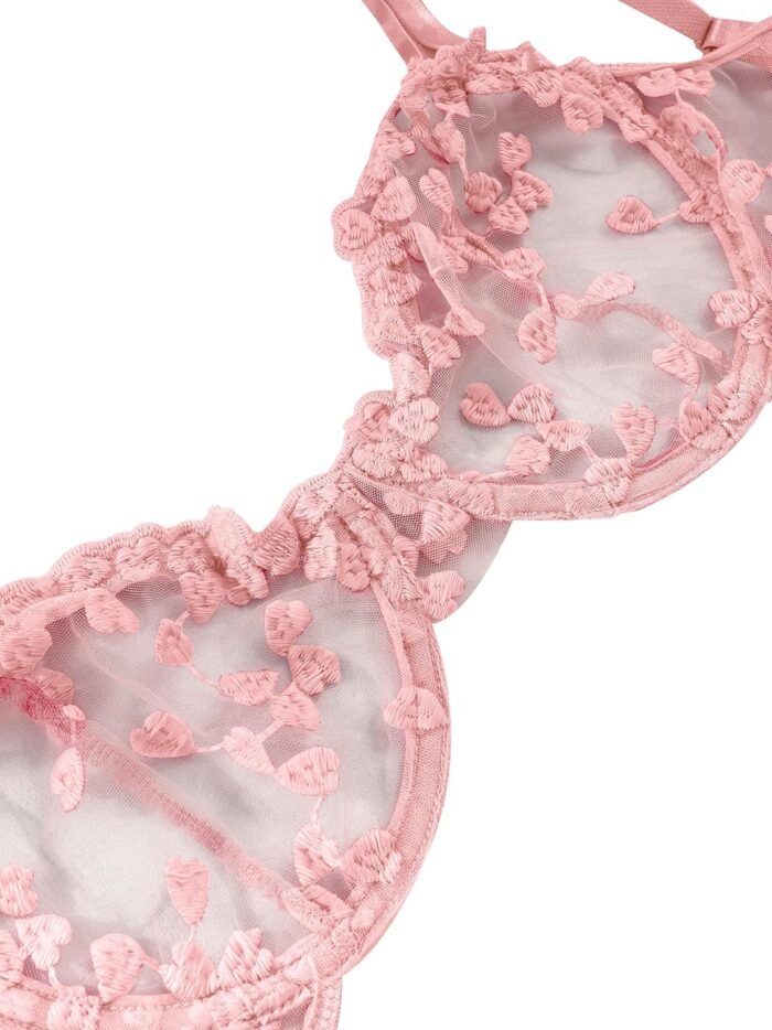 Lilosy Sexy Underwire Cute Push Up Strappy Embroidered Mesh Sheer Lingerie Set See Through Panty Bra - Image 4