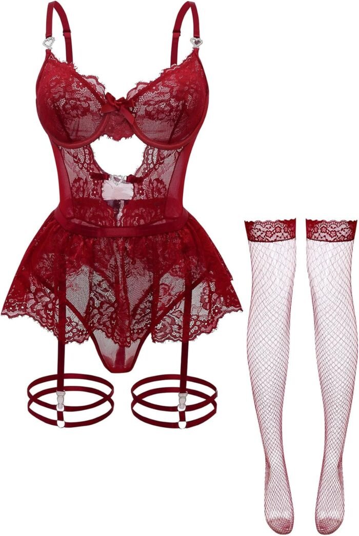 Sexy Stocking Underwire Push Up Rhinestones Heart Floral Lace Mesh Sheer Garter Bodysuit Skirt Lingerie Set 3 Piece