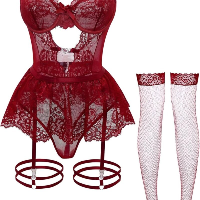 Sexy Stocking Underwire Push Up Rhinestones Heart Floral Lace Mesh Sheer Garter Bodysuit Skirt Lingerie Set 3 Piece