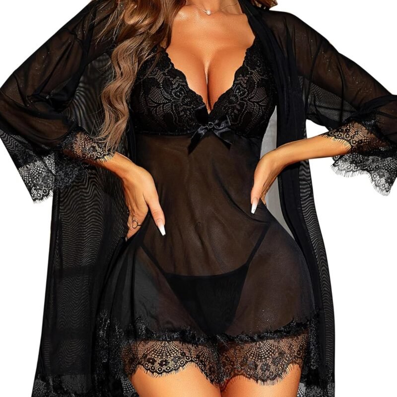 RSLOVE Women Sexy Lingerie Set 3 Piece Babydoll & Lace Kimono Robe Strap Chemise Sleepwear Mesh Nightgown