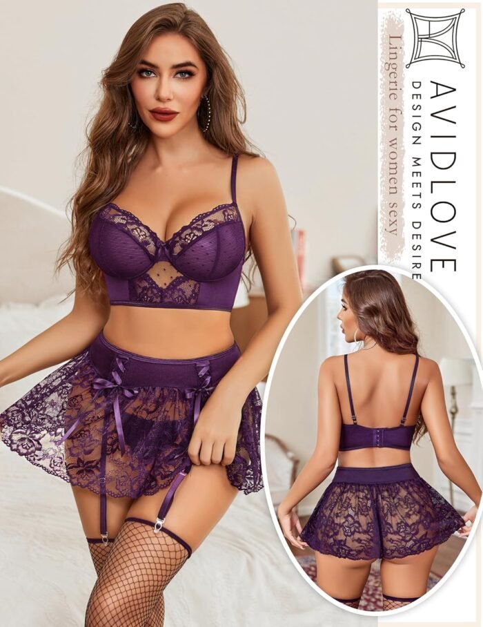 Avidlove Lingerie Set for Women 3Pcs Bralette and Panty with Lace Skirt Sexy Garter Sets (No Stockings) S-XXL - Image 4
