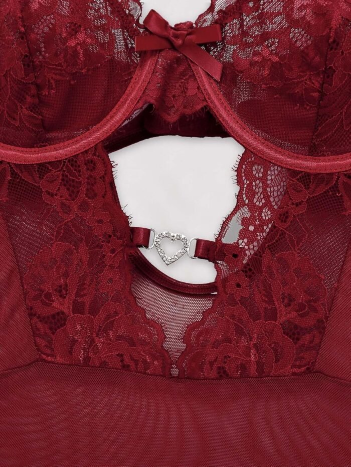 Sexy Stocking Underwire Push Up Rhinestones Heart Floral Lace Mesh Sheer Garter Bodysuit Skirt Lingerie Set 3 Piece - Image 4