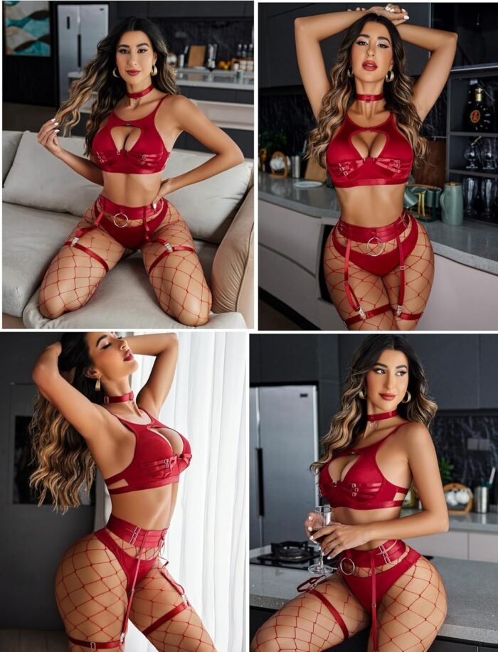 Avidlove Sexy Lingerie Set with Underwire Garter Belt Lingerie Set for Women Bra and Panty 5 Piece with Choker(No Stockings) - Image 2